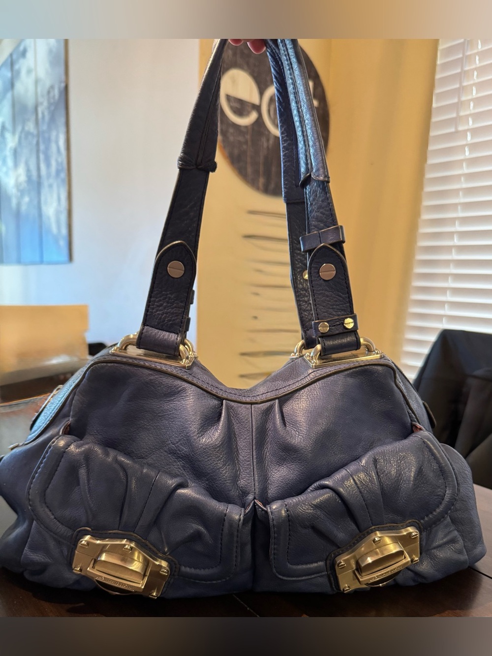 B. Makowsky Classic Navy Leather Shoulder Bag with Silver Hardware